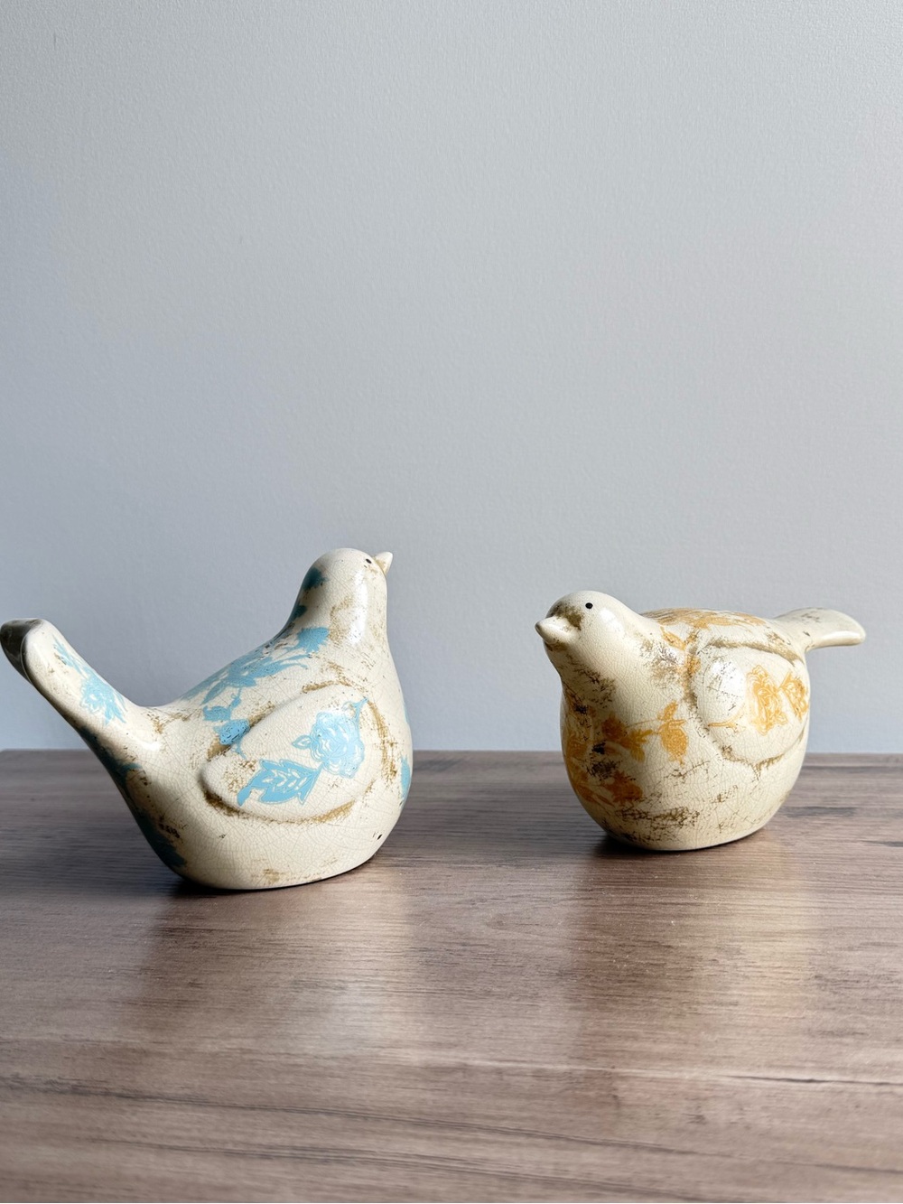 Set of 2 Ceramic Bird Figurines Blue & Yellow